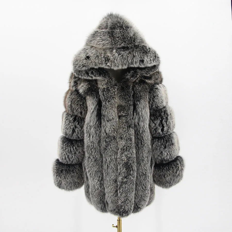 Pink Java QC8149 2018 New Model Women Real Fox Fur Coat Long Sleeves Hood Coat Genuine Fox Outfit High Quality