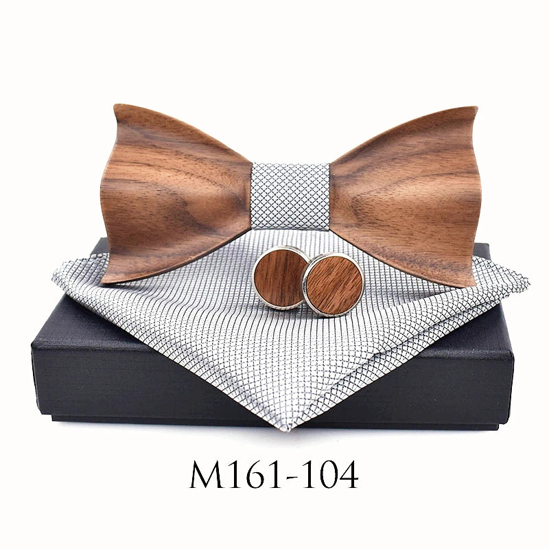 3D Wooden Bow Tie Set for Men Handmade Geometric Wedding Bowtie Pocket Square Cufflinks