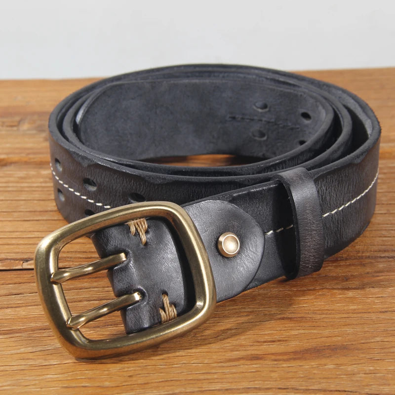Cinturón vintage para hombre de 3.8 cm de ancho, estilo doble hebilla, 100% piel de vaca, hebilla de doble punta, cinturón resistente hecho a mano, cinturón de moda para jeans, color marrón