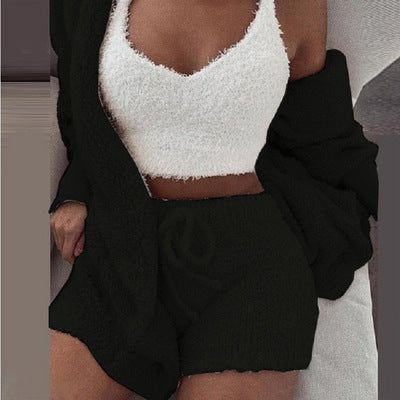 Knit Sleepwear Pajamas for Women's Lingerie 3 Piece Set