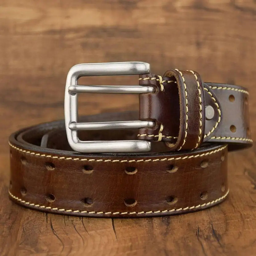 Men's Leather Double Prong Belt New Leather Belts for Men Classic Double Row Hole Belt Universal Hollowed Out Belt Jeans