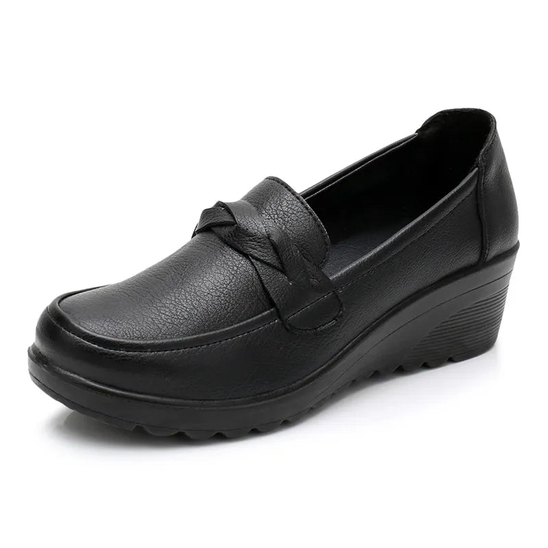 BEYARNE  Spring Autumn Women's Fashion Pumps Shoes Woman Genuine Leather Wedge Single Casual Shoes Mother High Heels shoesE175
