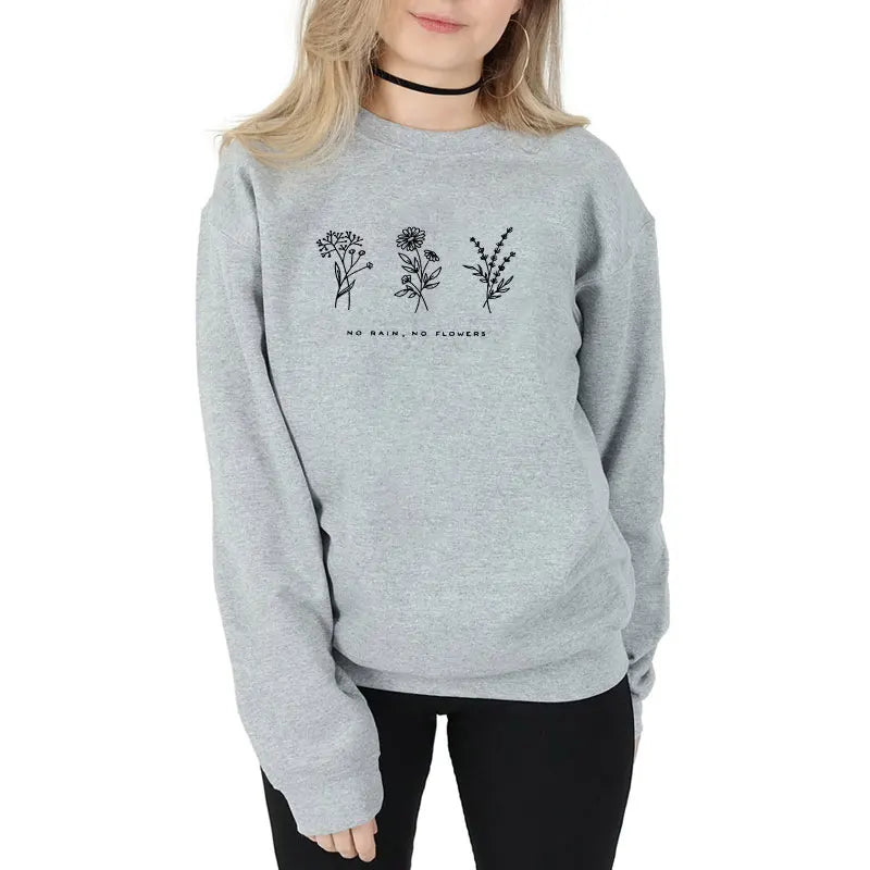 No Rain No Flowers Sweatshirts Vintage 80s Style Floral Print Hoodies Autumn Women Inspired Graphic Jumper Pullover Streetwear