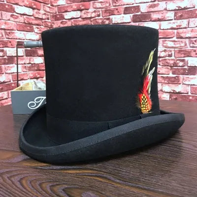 Black Men Woolen Fedora Hat Flat Mad Hatter Top Hat Traditional President Party Hat Steampunk Magic Hat With Feather