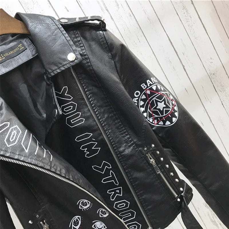 2024 New Autumn Women Winter Faux Soft Leather Jackets Coats Lady Black PU Rivet Zipper Epaulet 3D Print Motorcycle Streetwear
