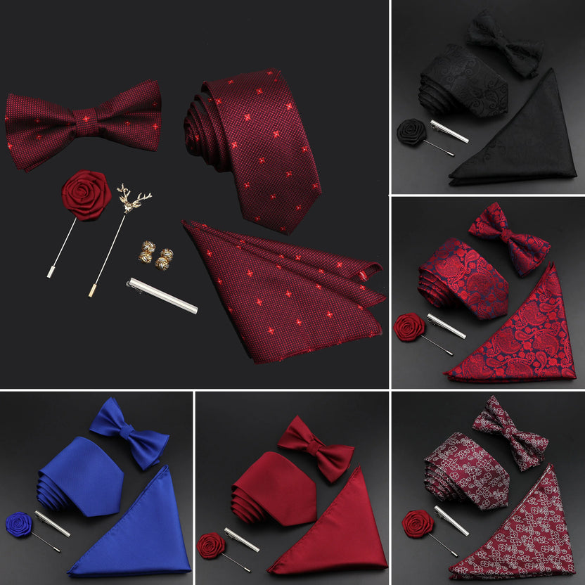 Juego de corbata y pajarita de seda de color sólido para hombre, tejido jacquard de poliéster, estilo vintage rojo azul para novio, negocios, bodas y fiestas
