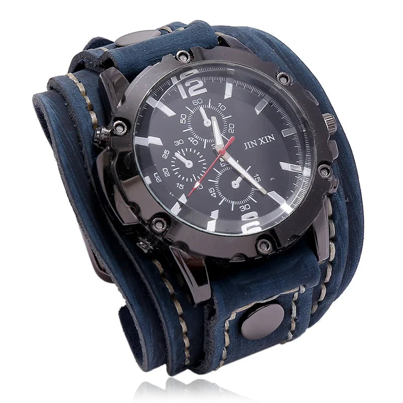 Reloj de pulsera de cuarzo para hombre 2025, reloj de moda con correa de piel de vacuno, estilo punk vintage, reloj grande y redondo con brazalete de piel auténtica ancha