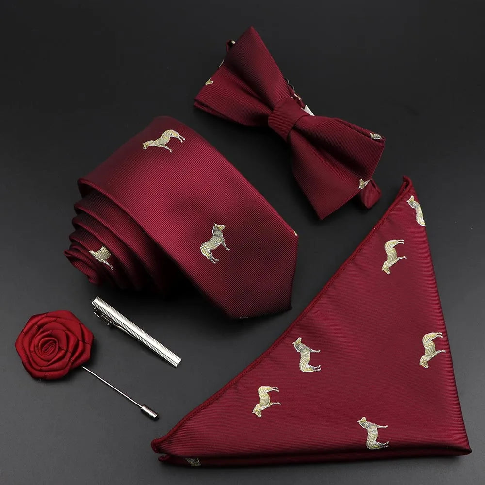 New Solid Color Silk Men Tie Set Polyester Jacquard Woven Necktie Bowtie Suit Vintage Red Blue for Groom Business Wedding Party