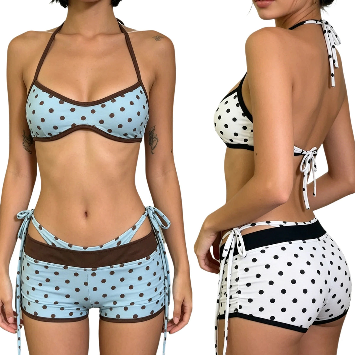 Hot Y2K Plaid V-Neck Halter 3-Piece Above-Knee Bikini Set Sweating Top Breathable Stretch Tie-Side Shorts Tie Dye Women