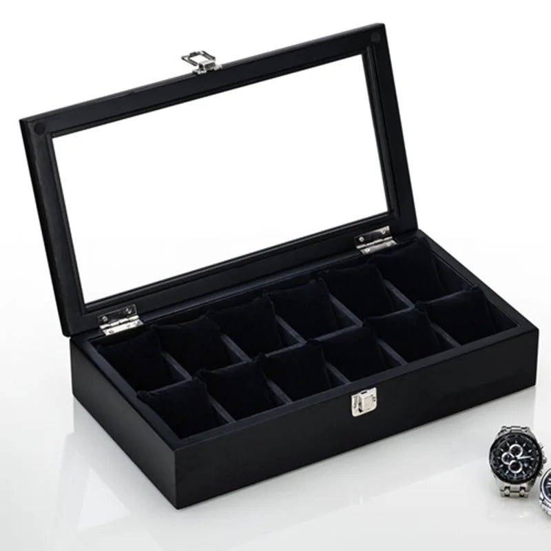 Drewniane pudełko na zegarki na 5/8/10/12 sztuk, czarny organizer z ekspozytorem, eleganckie etui na prezent dla mężczyzn