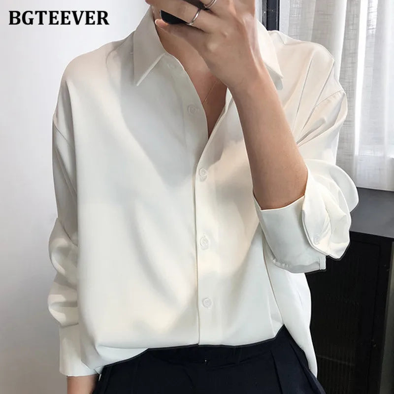 BBTEEVER 2020 Nouveau chemisier chic en satin pour femme, manches longues, col rabattu, élégant, pour le travail ou le bureau