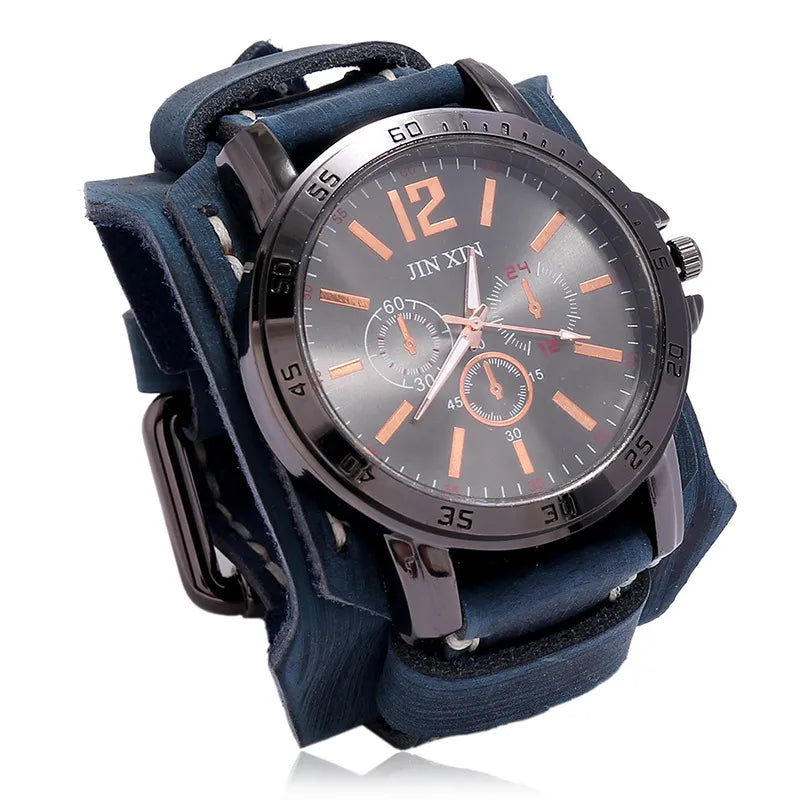 Reloj de pulsera de cuarzo para hombre 2025, reloj de moda con correa de piel de vacuno, estilo punk vintage, reloj grande y redondo con brazalete de piel auténtica ancha
