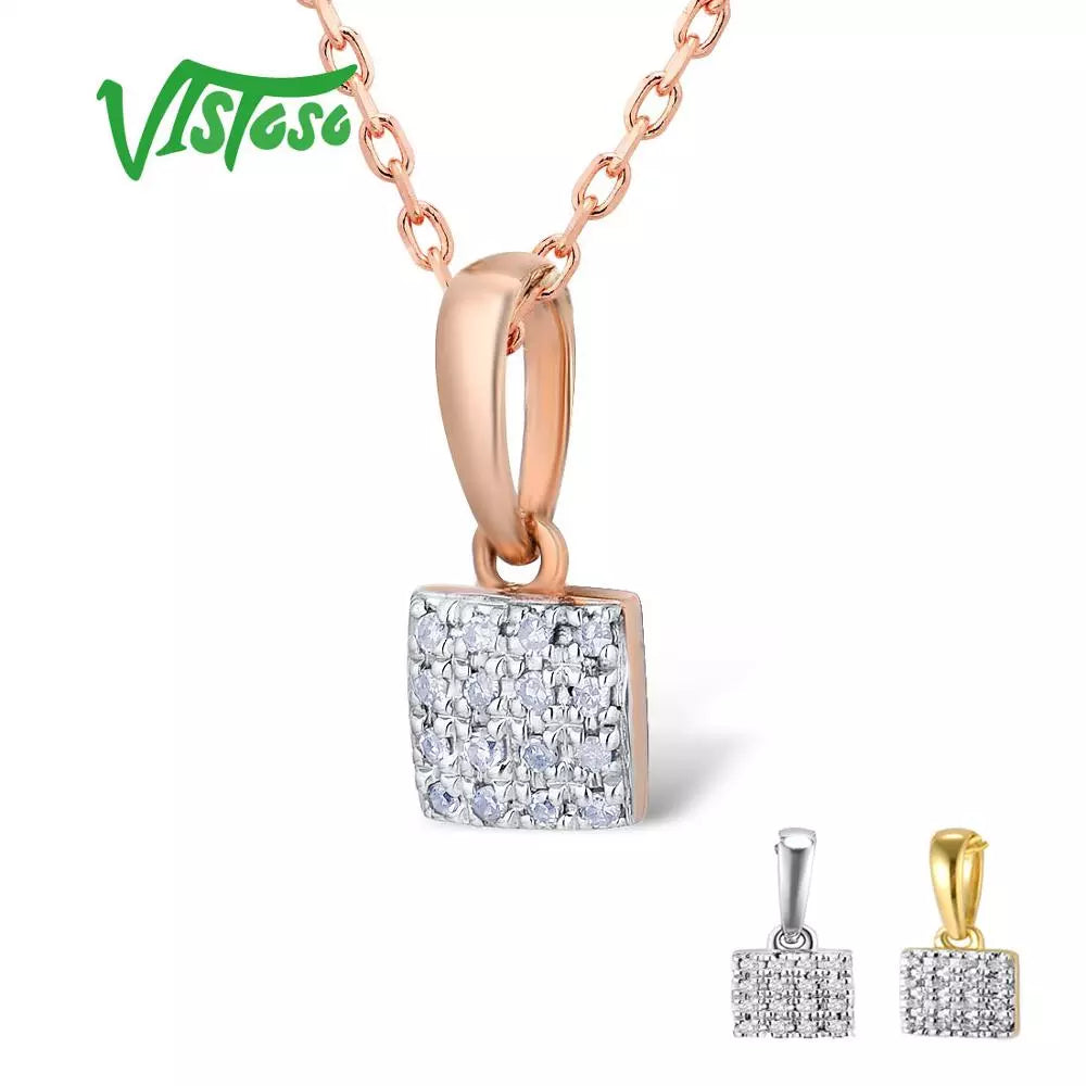 VISTOSO Guldhänge för kvinnor Äkta 14K & 9K Roséguld Vitt guld Gnistrande diamant Enkelt fyrkantigt hänge Bröllopssmycken