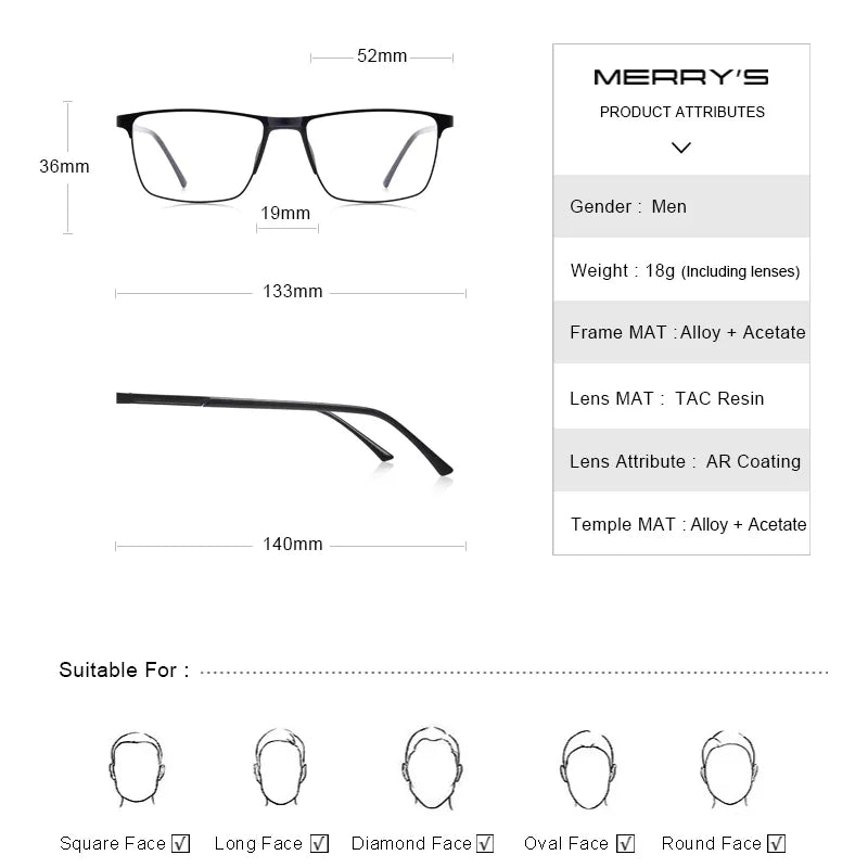 MERRYS DESIGN Herren-Brillengestell aus Titanlegierung, modische quadratische ultraleichte Brille für kurzsichtige Herren, Korrektionsbrille S2001