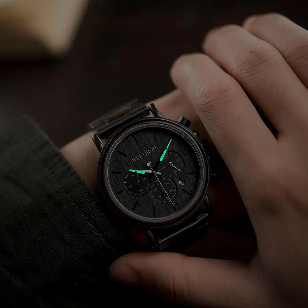 BOBO BIRD Wooden Watch Men's Quartz Wristwatch Military Chronograph Top Fashion Waterproof Clcok Great Gift Box Reloj Hombre