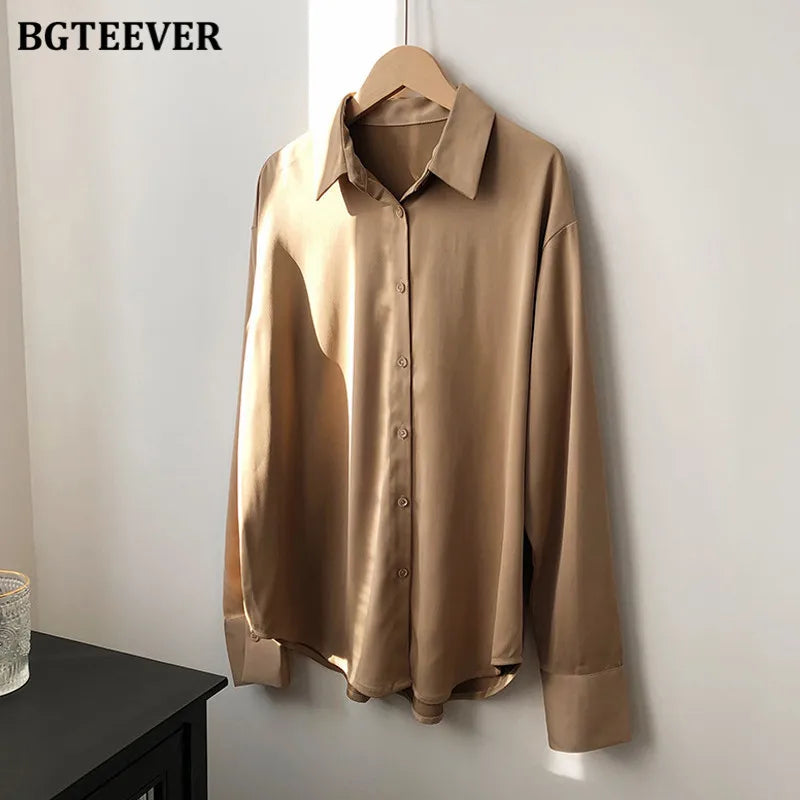 BBTEEVER 2020 Nouveau chemisier chic en satin pour femme, manches longues, col rabattu, élégant, pour le travail ou le bureau