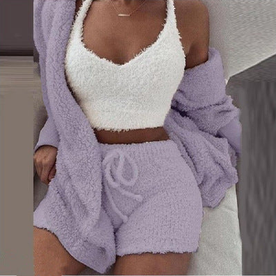 Knit Sleepwear Pajamas for Women's Lingerie 3 Piece Set