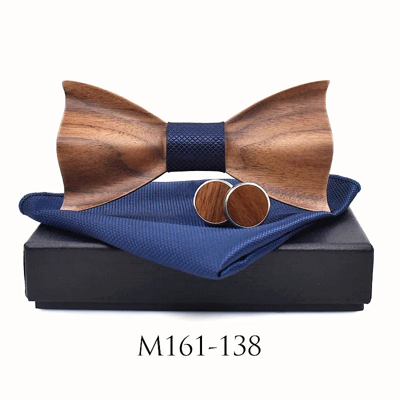 3D Wooden Bow Tie Set for Men Handmade Geometric Wedding Bowtie Pocket Square Cufflinks