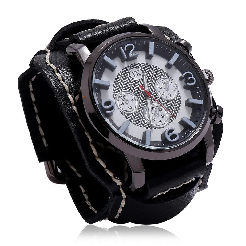 Reloj de pulsera retro para hombre, correa ancha de cuero genuino, reloj de cuarzo de estilo punk a la moda, brazaletes de piel de vaca 2025