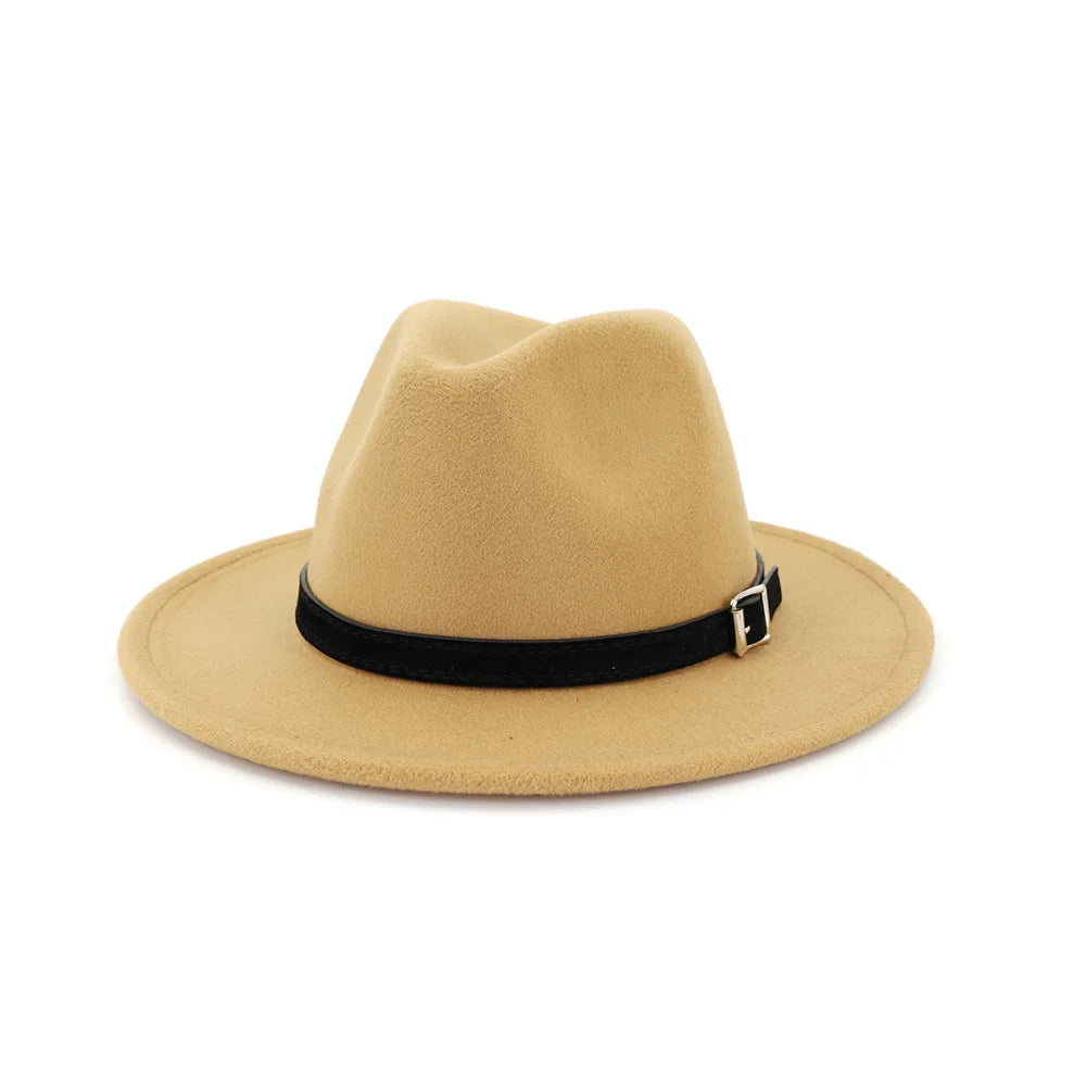 QBHAT Men Women Wide Brim Wool Felt Fedora Panama Hat With Belt Buckle Jazz Trilby Cap Party Formal Top Hat in White,black