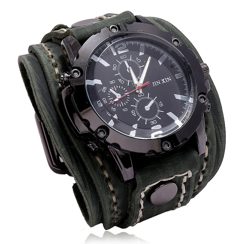 Reloj de pulsera de cuarzo para hombre 2025, reloj de moda con correa de piel de vacuno, estilo punk vintage, reloj grande y redondo con brazalete de piel auténtica ancha