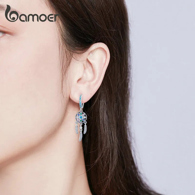 Pendientes colgantes BAMOER de plata de ley 925 con diseño de atrapasueños bohemio para mujer, estilo boho, joyería de moda, 2 colores