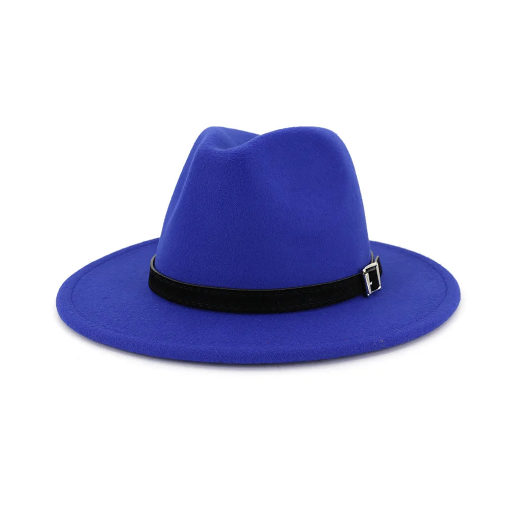 QBHAT Men Women Wide Brim Wool Felt Fedora Panama Hat With Belt Buckle Jazz Trilby Cap Party Formal Top Hat in White,black