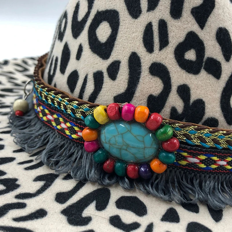 Trend Unisex Flat Brim Wool Felt Jazz Fedora Hats Men Women Leopard Grain Tassel Band Decor Trilby Panama Formal Hats 58-60cm