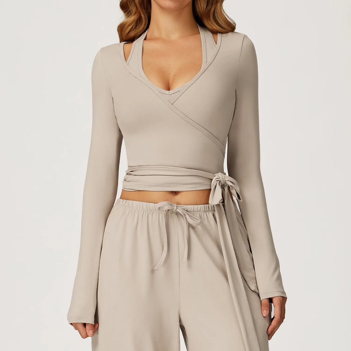 Women's Brushed Wrap Tie Long Sleeve Yoga Top Halter V-Neck Slim Fit Workout Fitness Sportswear
