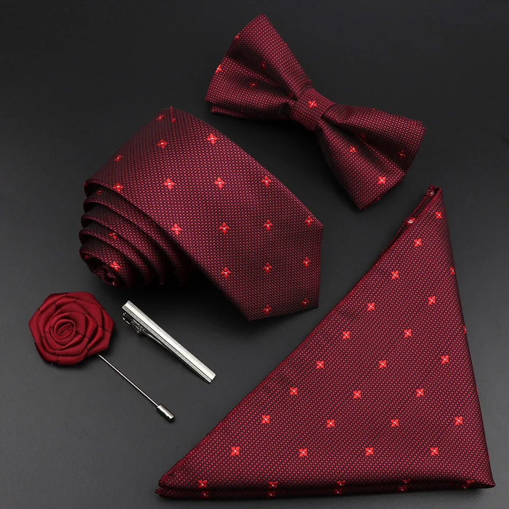 New Solid Color Silk Men Tie Set Polyester Jacquard Woven Necktie Bowtie Suit Vintage Red Blue for Groom Business Wedding Party