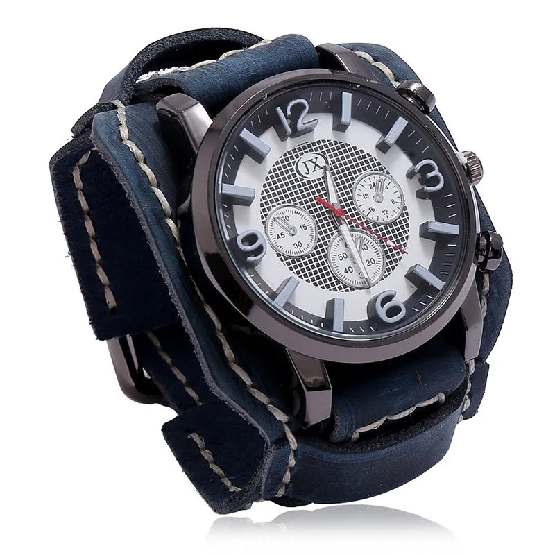 Reloj de pulsera retro para hombre, correa ancha de cuero genuino, reloj de cuarzo de estilo punk a la moda, brazaletes de piel de vaca 2025