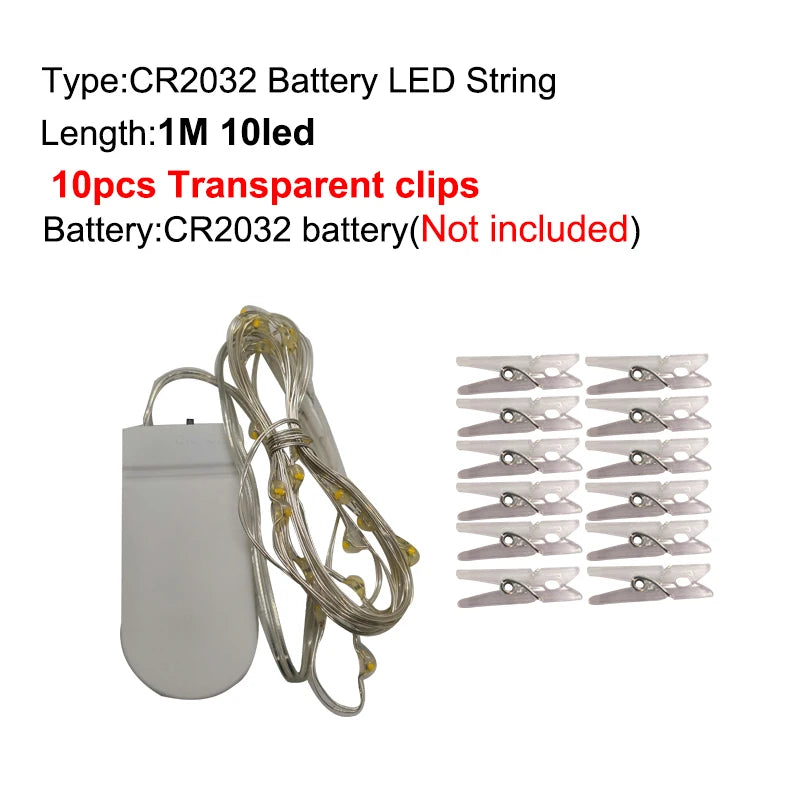Guirnalda de luces LED con clips para fotos, 5M-10M, funcionamiento por USB o pilas