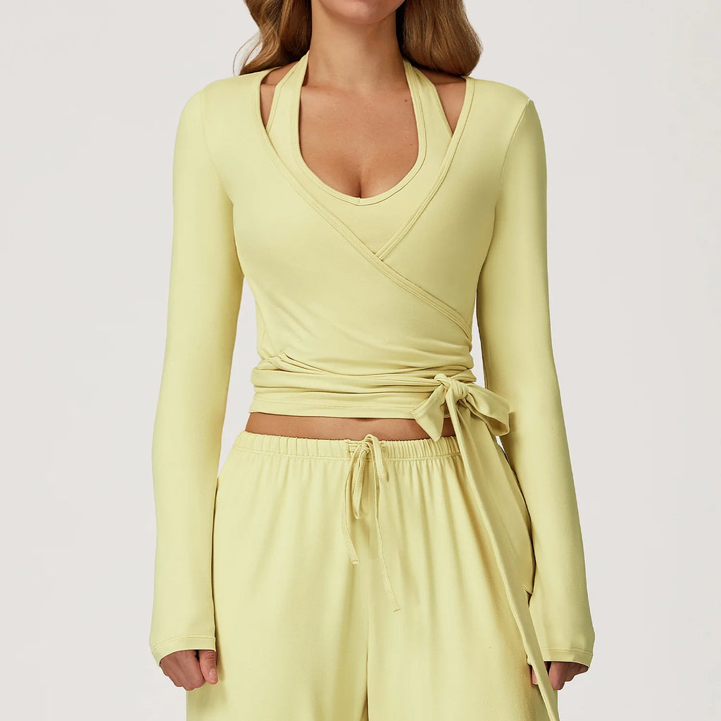 Women's Brushed Wrap Tie Long Sleeve Yoga Top Halter V-Neck Slim Fit Workout Fitness Sportswear
