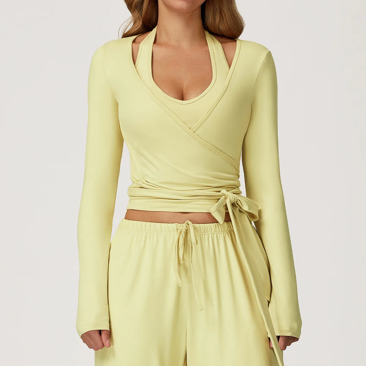 Women's Brushed Wrap Tie Long Sleeve Yoga Top Halter V-Neck Slim Fit Workout Fitness Sportswear