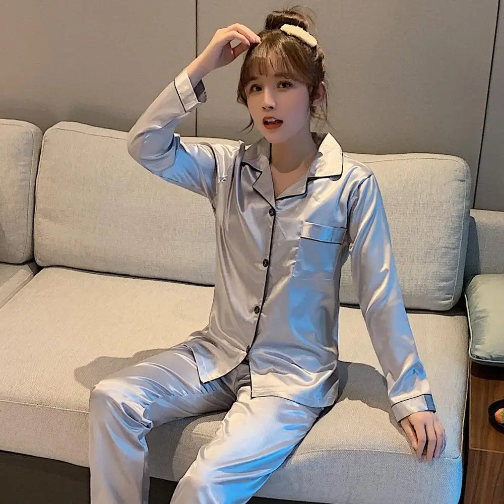 Solid Color Sleepwear Silk Satin Pajamas Couple Set Long Button-Dow