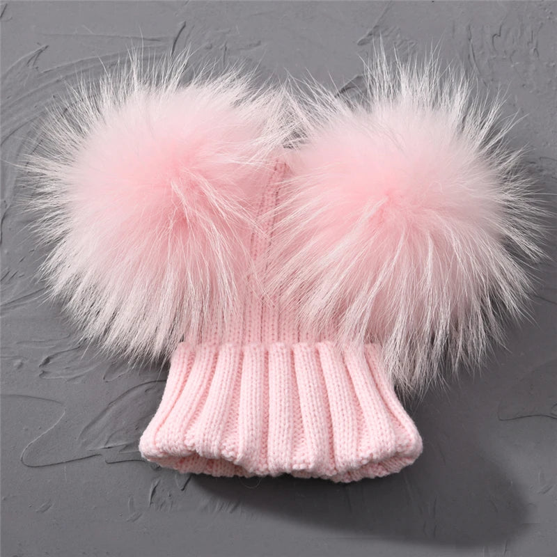 Gorro de punto para bebé de invierno con dos pompones de piel, gorro con bolas de piel natural para niños y niñas, gorro infantil con doble pompón de piel real