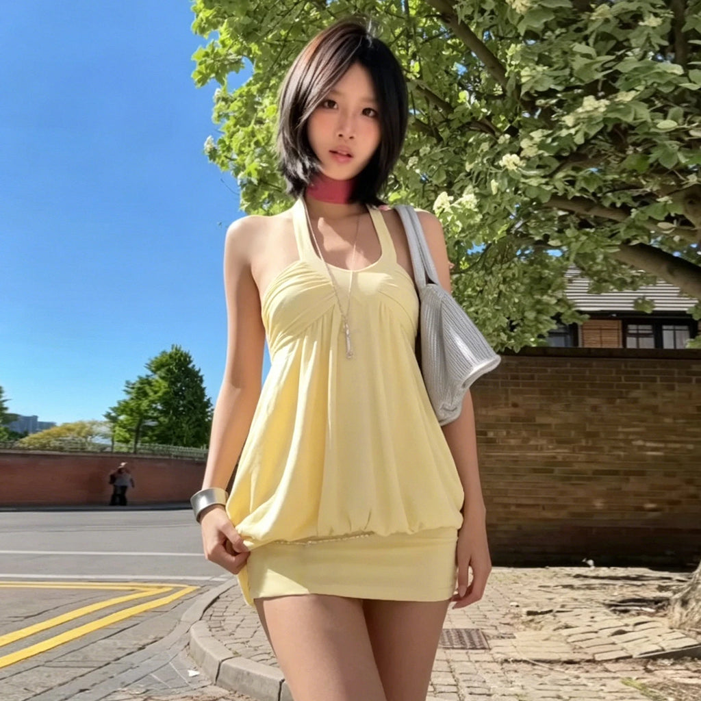 Women's Solid Yellow Halter Neck Bodycon Mini Dress Backless Sleeveless Loose Plus Size Summer Vacation Party Eco-Friendly