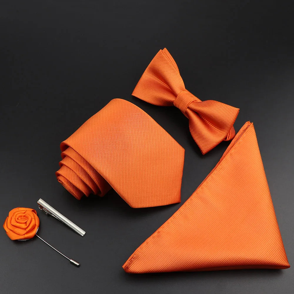 New Solid Color Silk Men Tie Set Polyester Jacquard Woven Necktie Bowtie Suit Vintage Red Blue for Groom Business Wedding Party