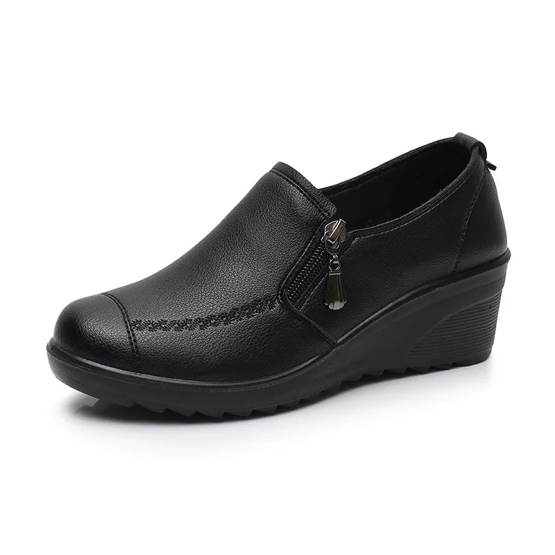 BEYARNE  Spring Autumn Women's Fashion Pumps Shoes Woman Genuine Leather Wedge Single Casual Shoes Mother High Heels shoesE175