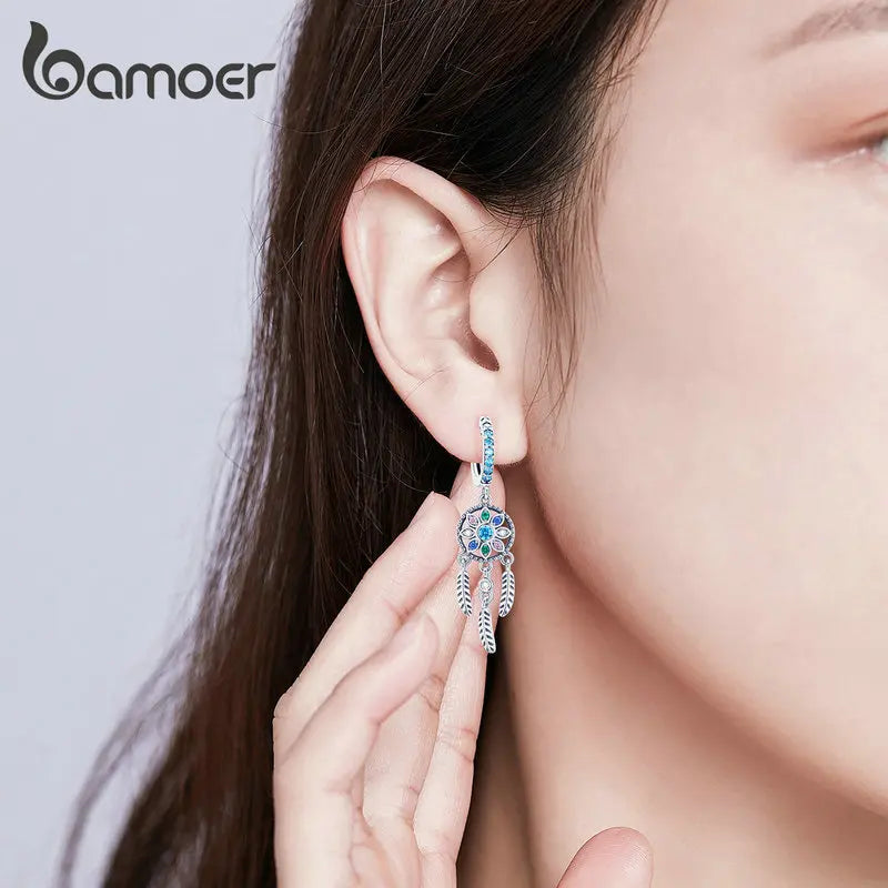Pendientes colgantes BAMOER de plata de ley 925 con diseño de atrapasueños bohemio para mujer, estilo boho, joyería de moda, 2 colores