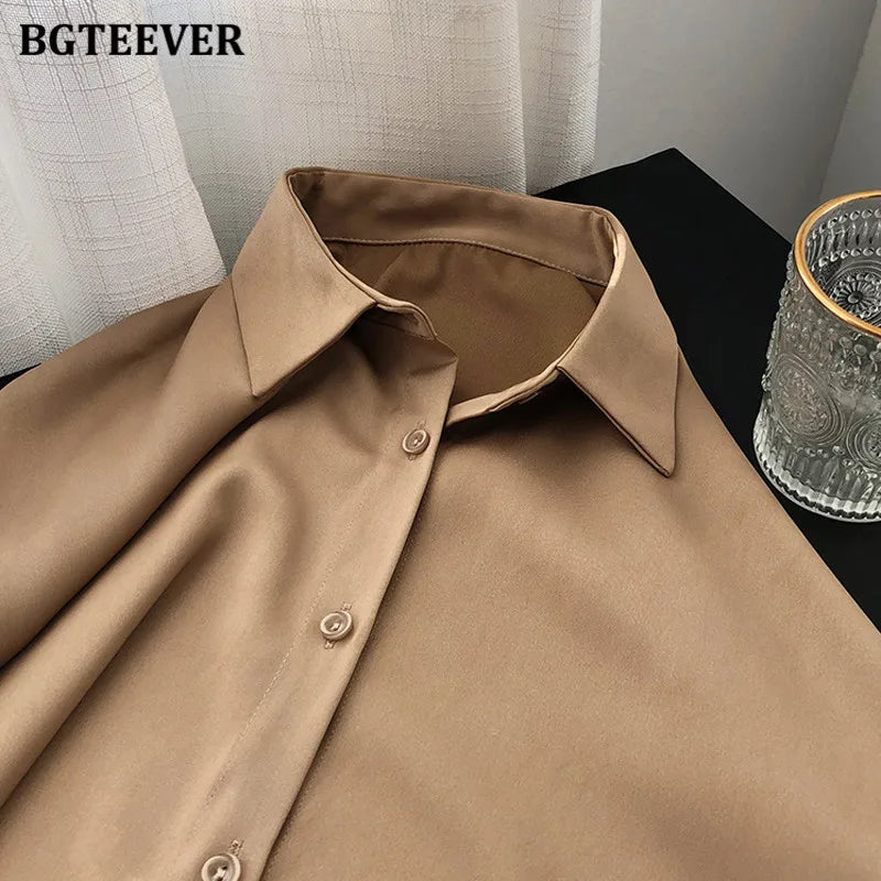 BBTEEVER 2020 New Chic Women Satin Shirts Long Sleeve Solid Turn Down Collar Elegant Office Ladies Workwear Blouses Female
