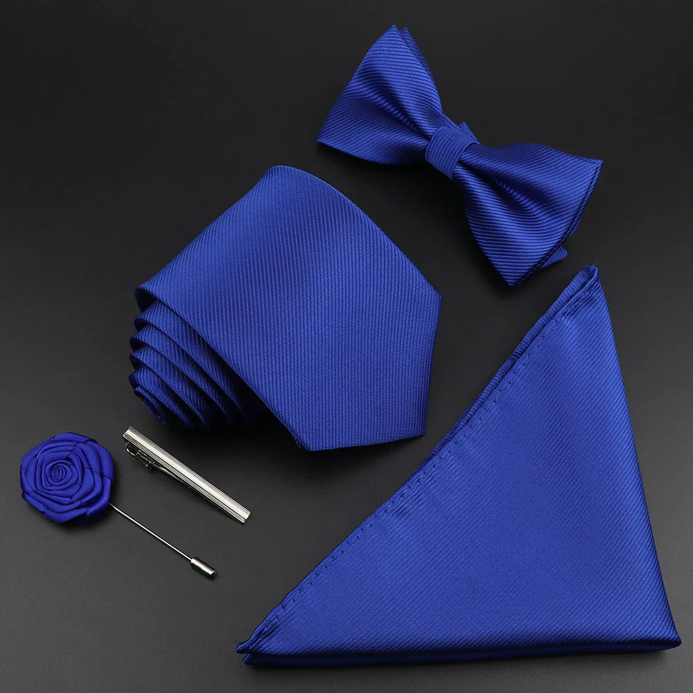 New Solid Color Silk Men Tie Set Polyester Jacquard Woven Necktie Bowtie Suit Vintage Red Blue for Groom Business Wedding Party