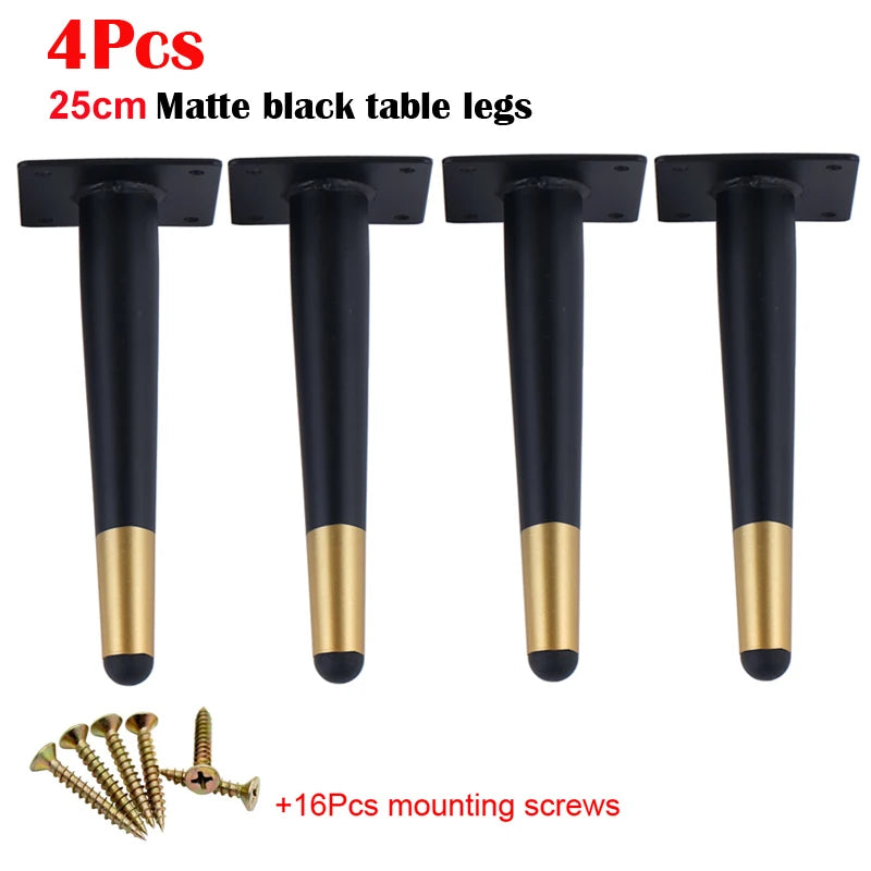4Pcs Furniture Table Legs Black Gold Metal Tapered Feet for Sofa Cupboard Wardrobe TV Cabinet Chair 10-45cm With Mounting Screws