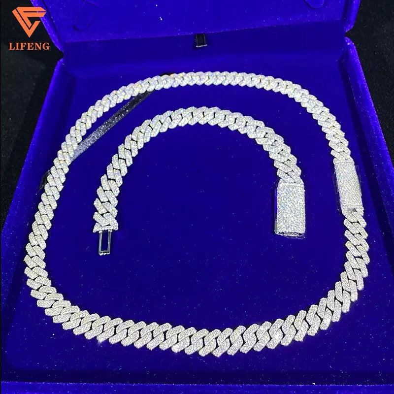 Precio económico, cadena de eslabones cubanos de moissanita de 10 mm, 12 mm, 14 mm, 15 mm, 18 mm, 20 mm, collar de cadena de eslabones cubanos "iced out" de plata de ley 925