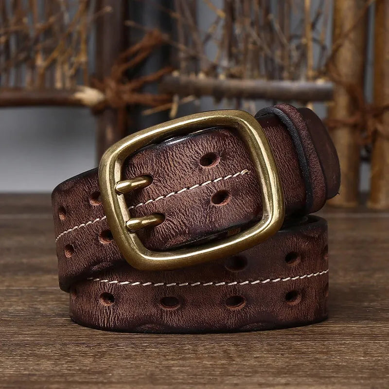 Cinturón vintage para hombre de 3.8 cm de ancho, estilo doble hebilla, 100% piel de vaca, hebilla de doble punta, cinturón resistente hecho a mano, cinturón de moda para jeans, color marrón