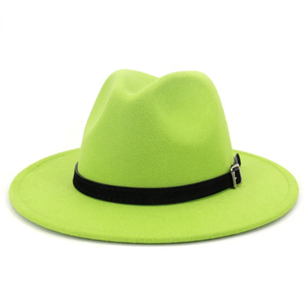 QBHAT Men Women Wide Brim Wool Felt Fedora Panama Hat With Belt Buckle Jazz Trilby Cap Party Formal Top Hat in White,black