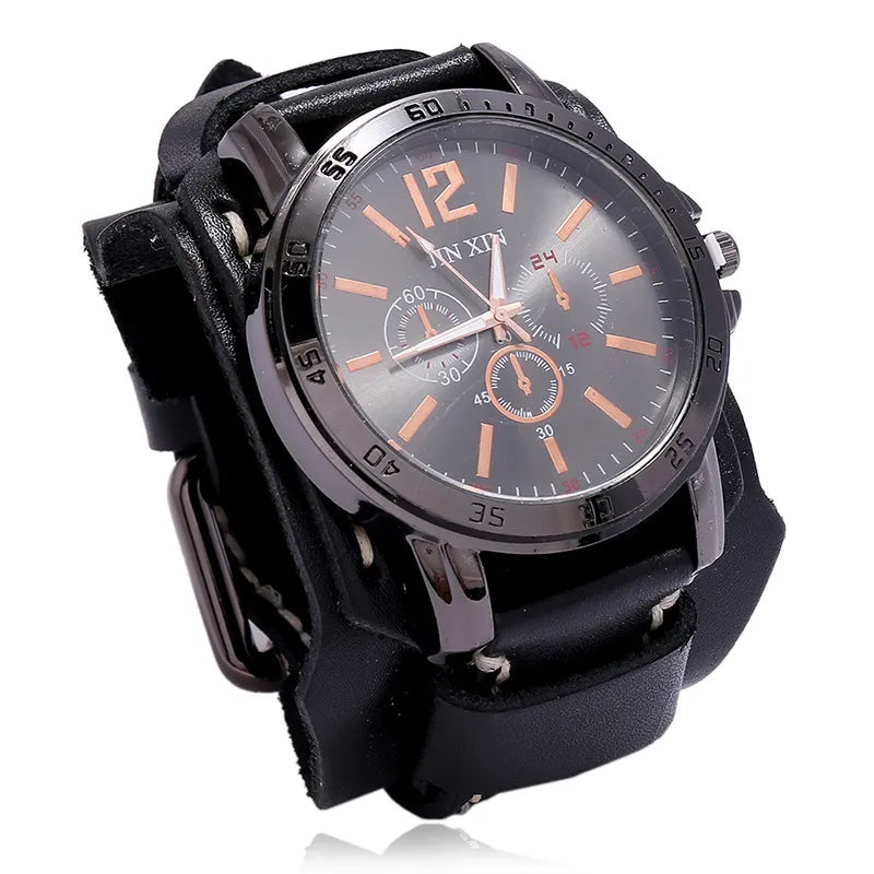 Reloj de pulsera de cuarzo para hombre 2025, reloj de moda con correa de piel de vacuno, estilo punk vintage, reloj grande y redondo con brazalete de piel auténtica ancha