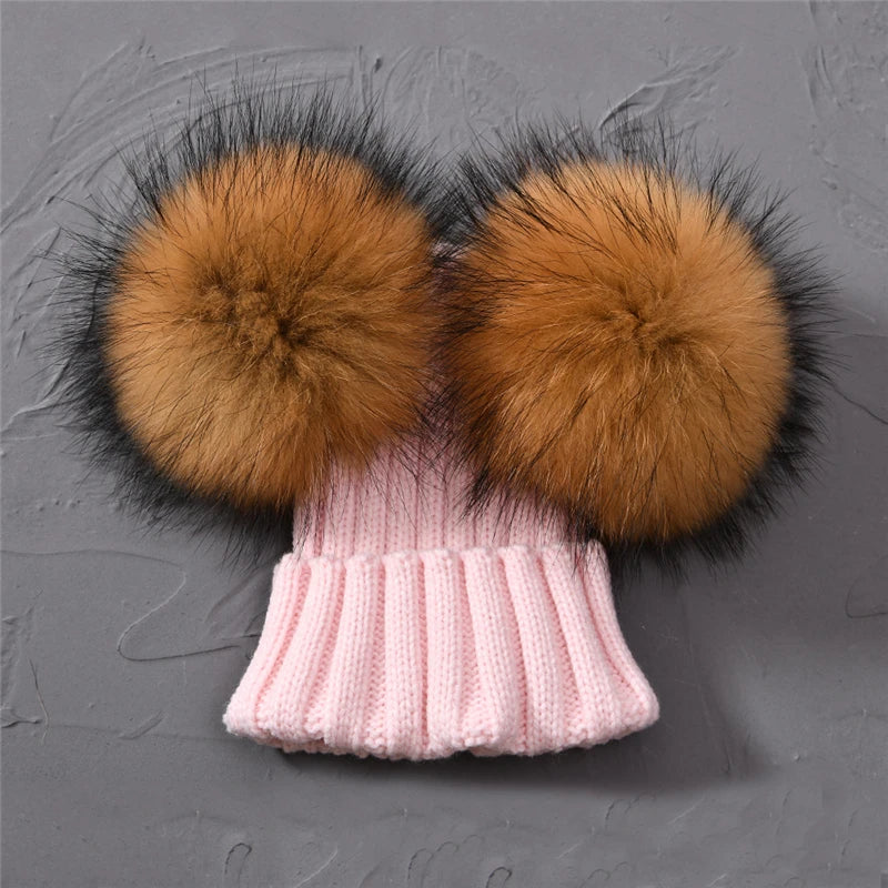 Gorro de punto para bebé de invierno con dos pompones de piel, gorro con bolas de piel natural para niños y niñas, gorro infantil con doble pompón de piel real