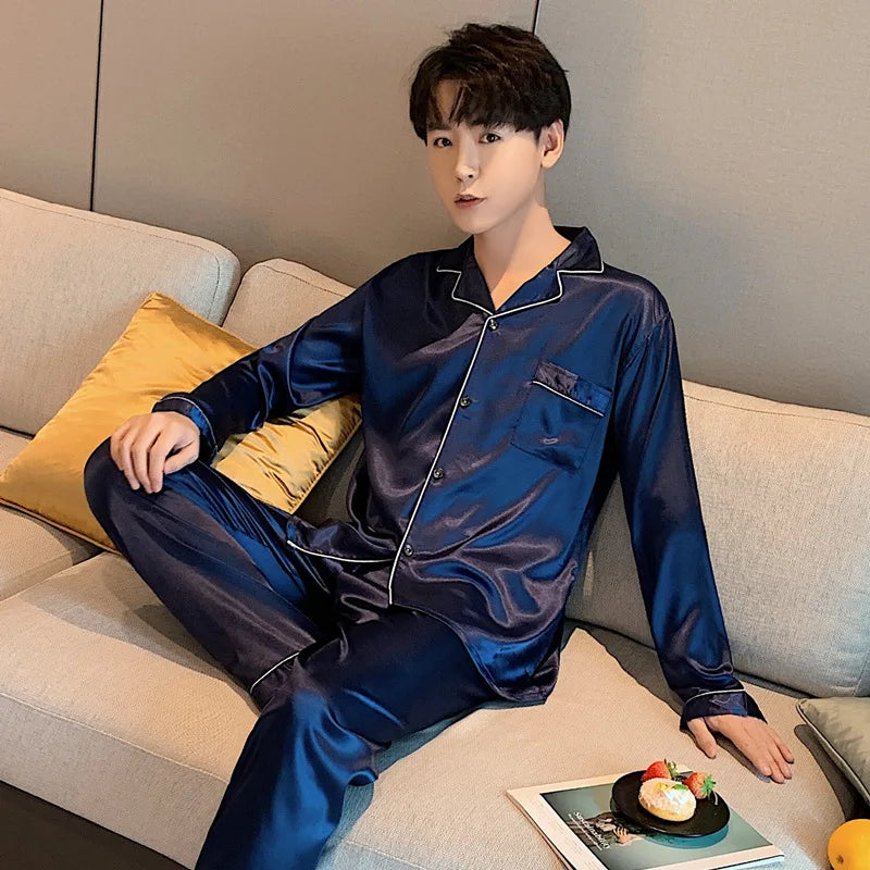 Solid Color Sleepwear Silk Satin Pajamas Couple Set Long Button-Dow