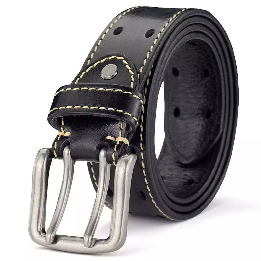 Cinturón de cuero de doble hebilla para hombre, cinturones de cuero nuevos para hombre, cinturón clásico de doble hilera de agujeros, cinturón universal calado para vaqueros
